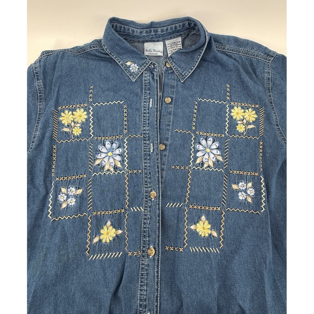 Bobbie Brooks Woman Denim Shirt Floral Embroidered Button Down Cottagecor 14/16W